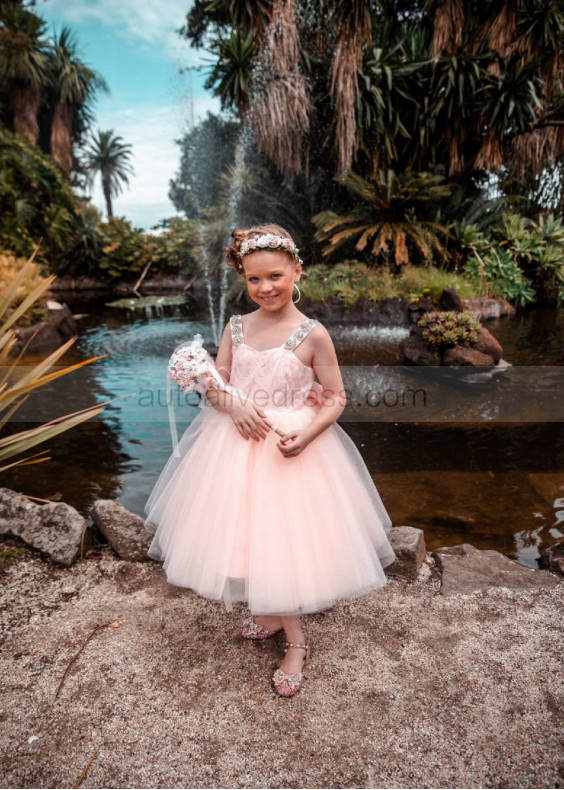 Pink Lace Tulle Beaded V Back Flower Girl Dress